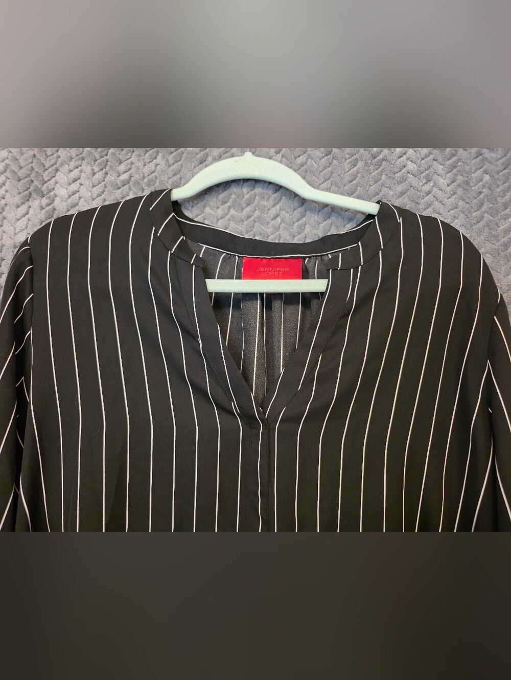 Jennifer Lopez Black Blouse with White Pinstripes - Picture 2 of 10